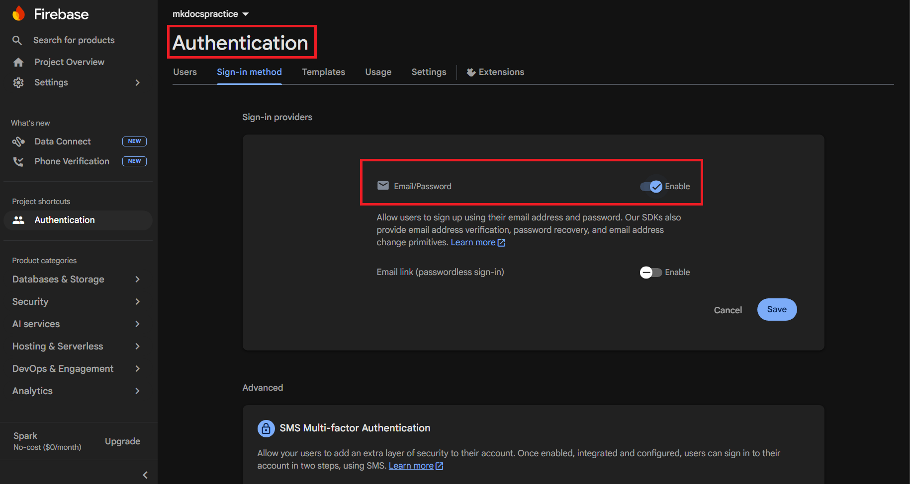 Email/Password configuration panel with the top toggle enabled