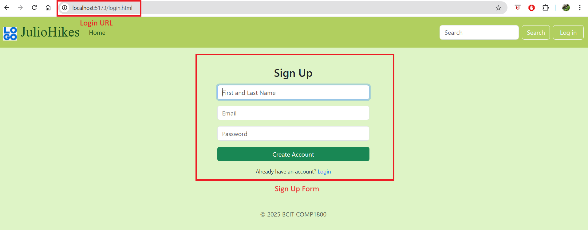 login.html showing the sign-up form