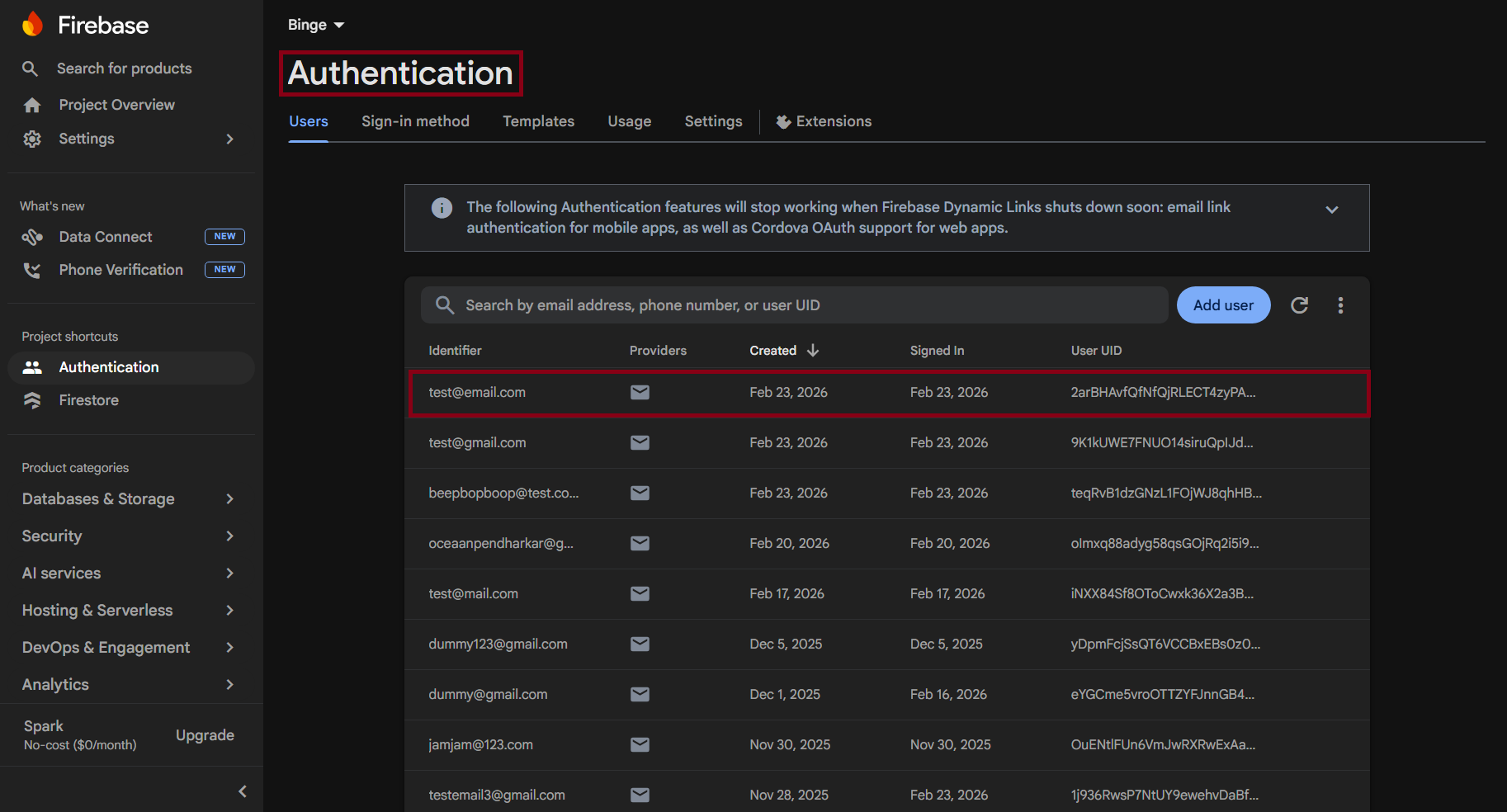 Firebase Authentication Users tab showing the new test user