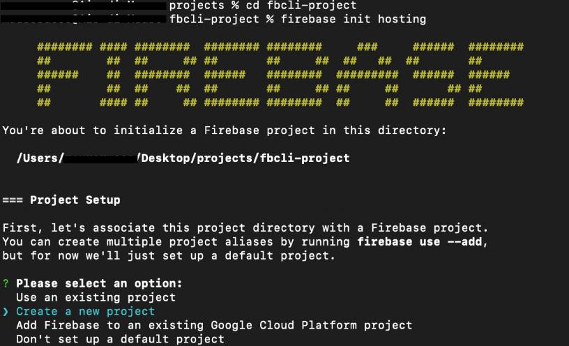 Terminal showing the Firebase init hosting wizard