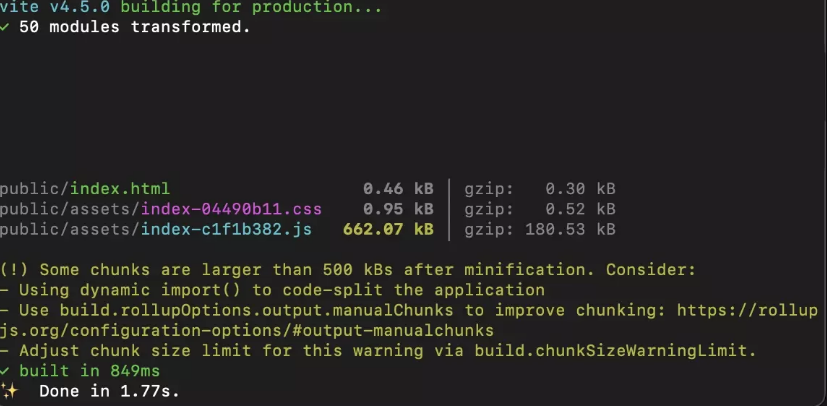 Terminal showing Vite build output with file list