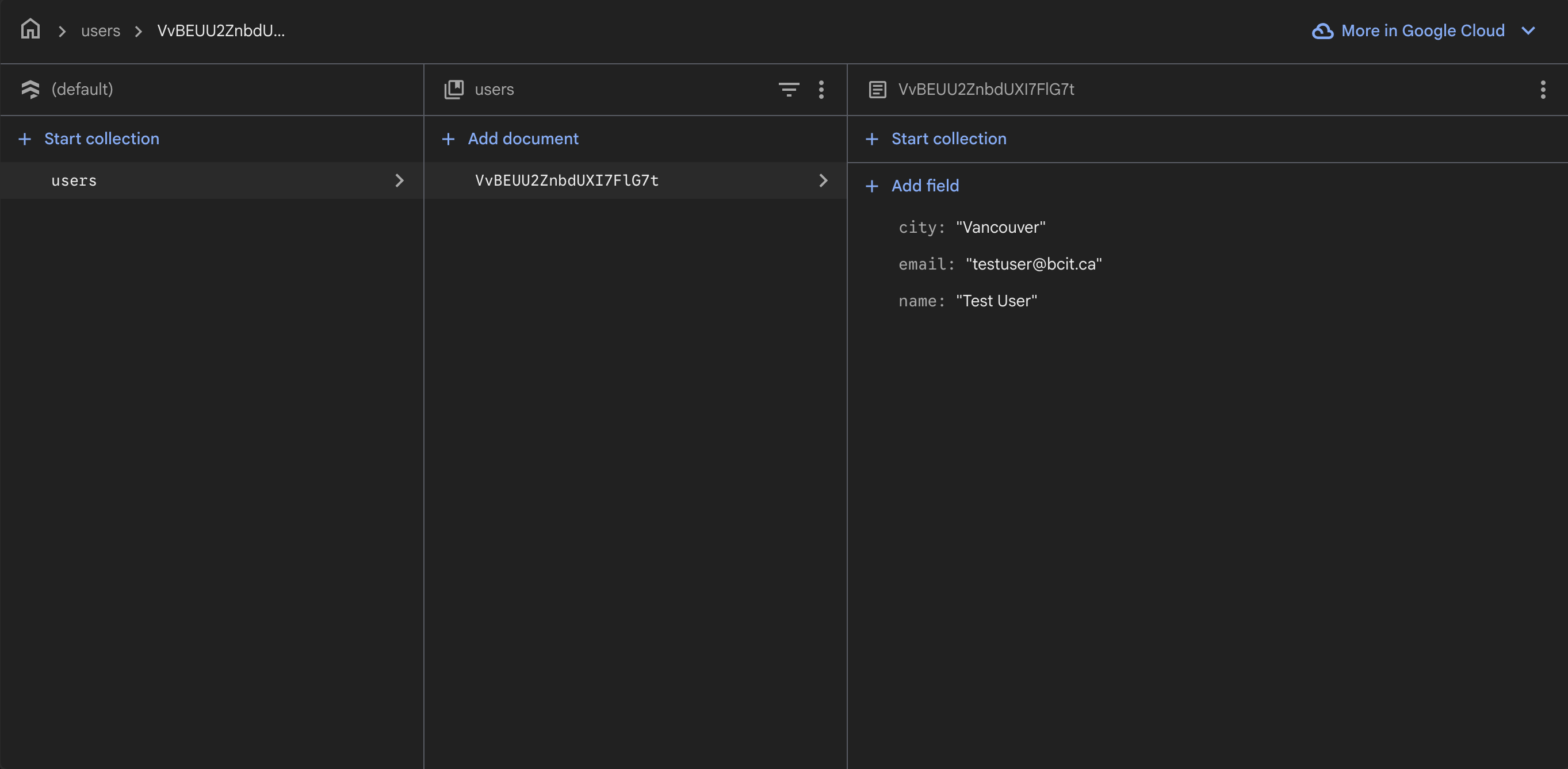 Firestore viewer showing the new document