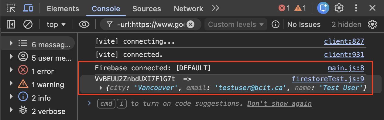 Console output showing Firestore data