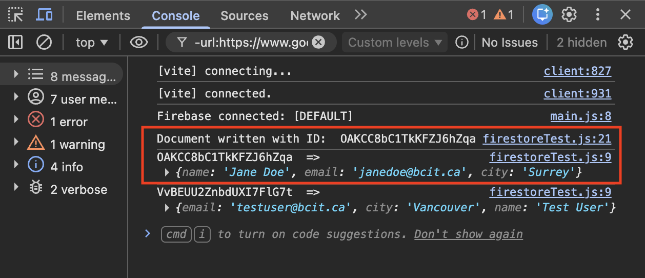 Console showing successful document write