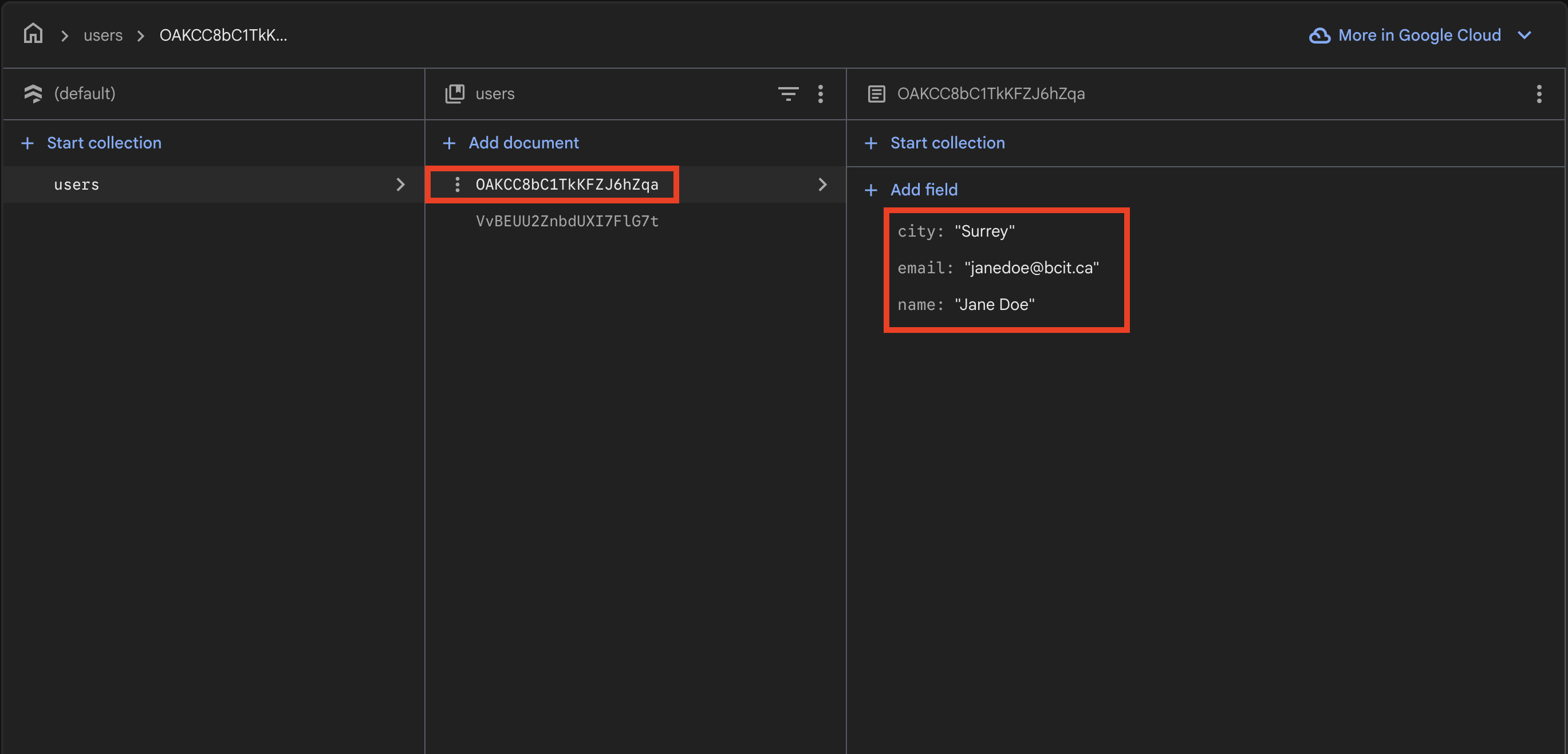 Firestore viewer showing two documents