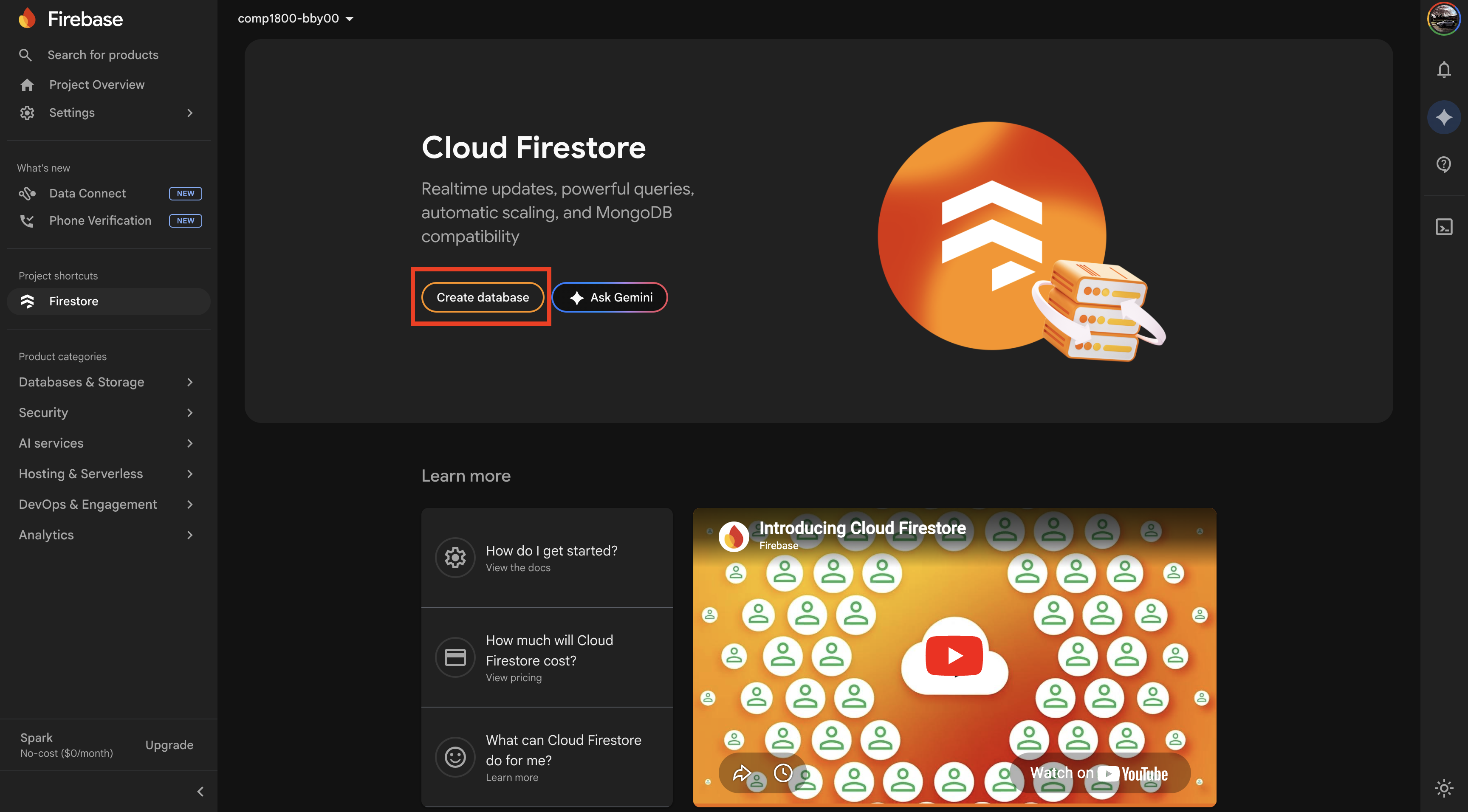 Firestore landing page with Create database button