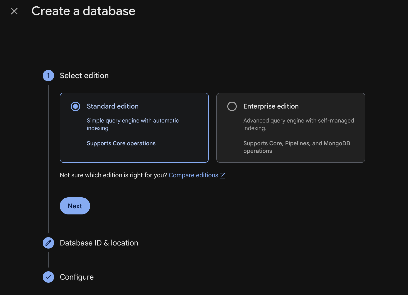 Firestore edition selection