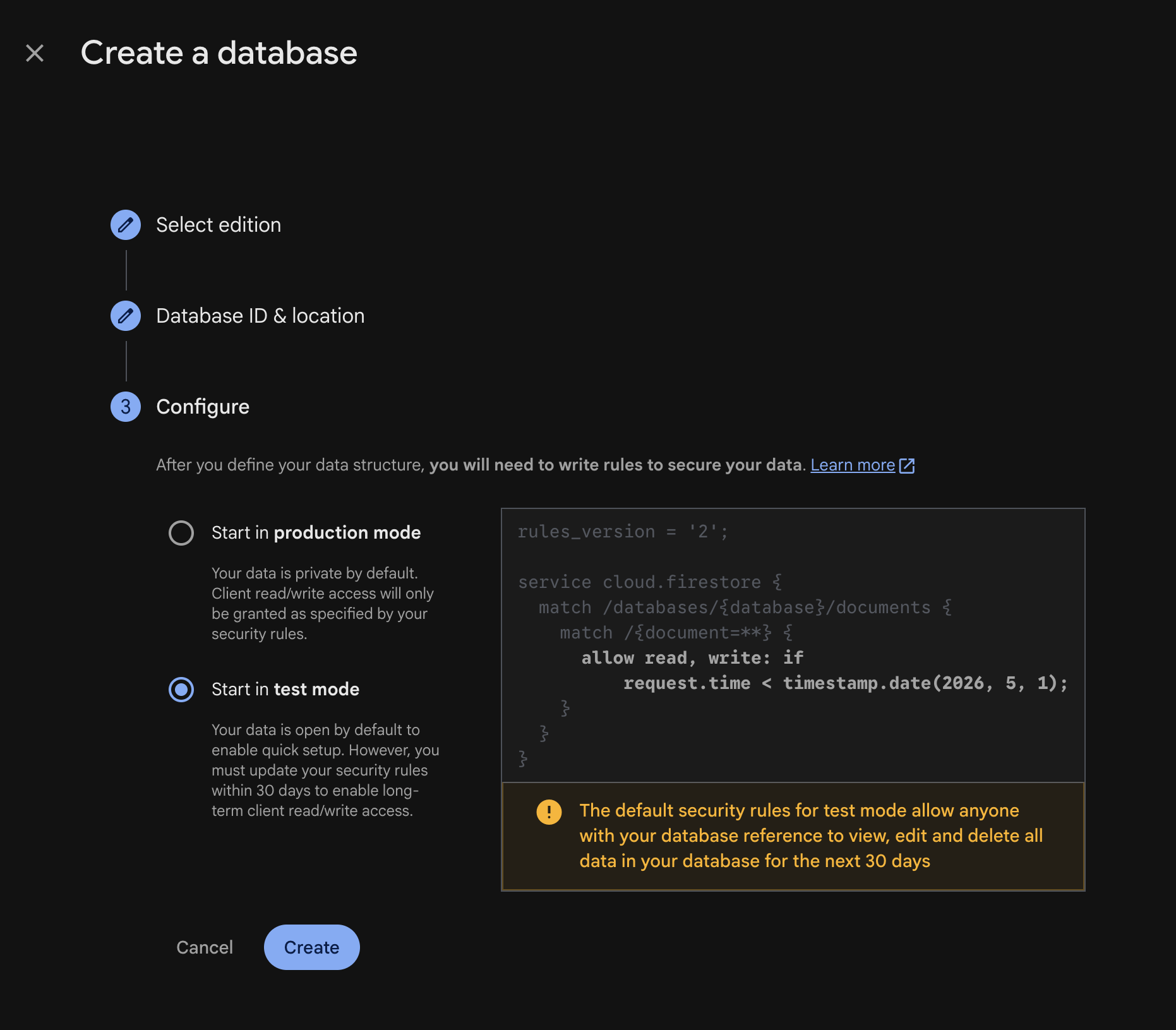 Security rules screen with test mode selected