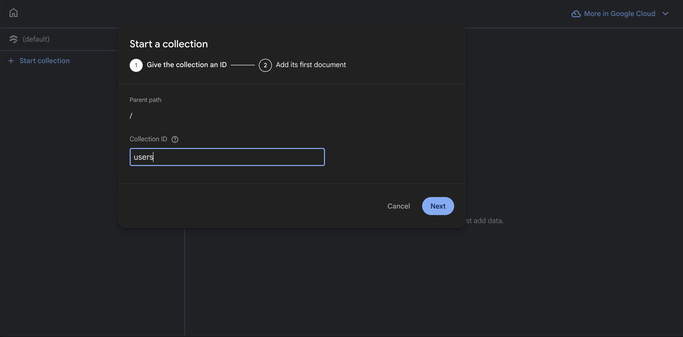 Collection ID dialog with users entered