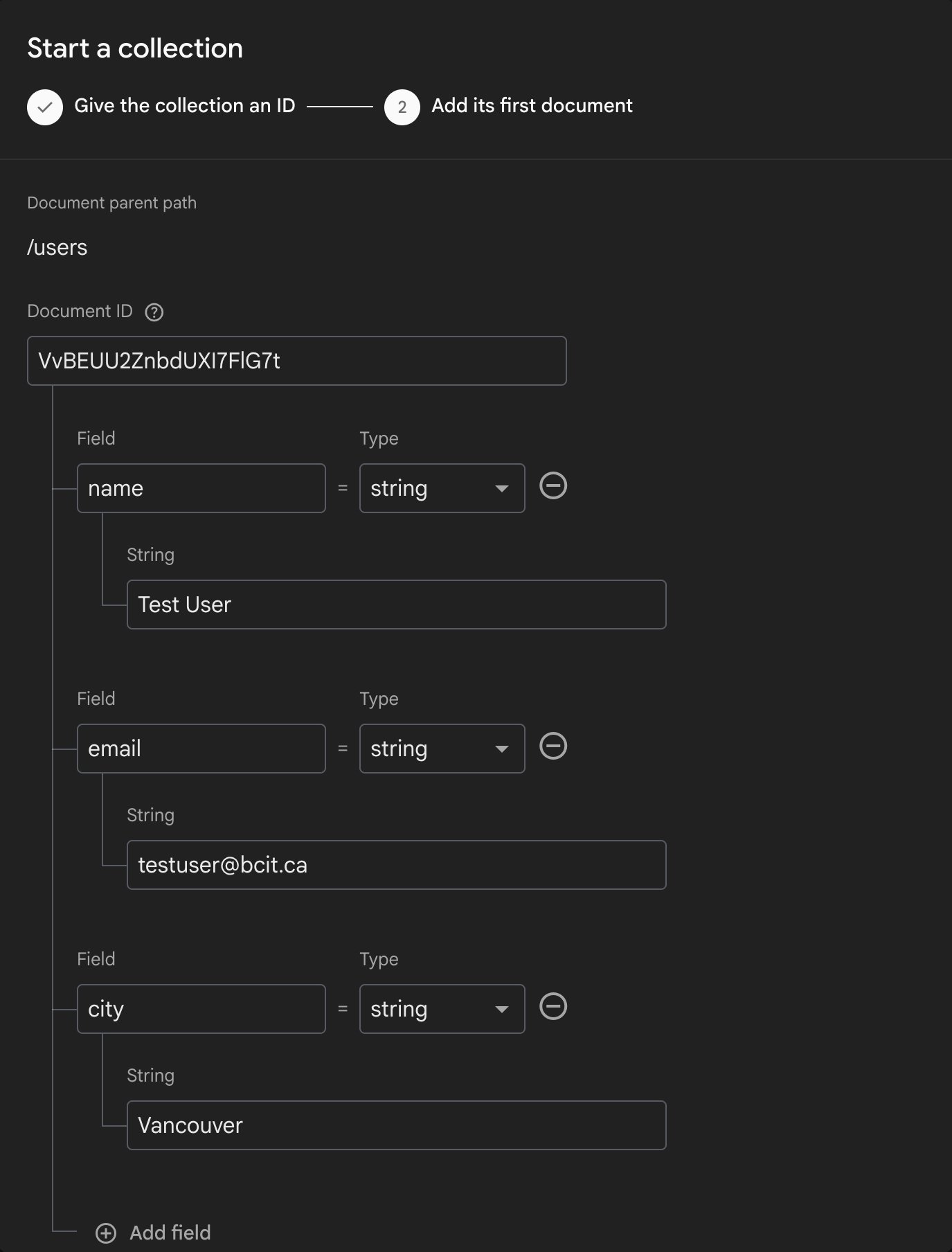 Add a document panel with three fields filled in